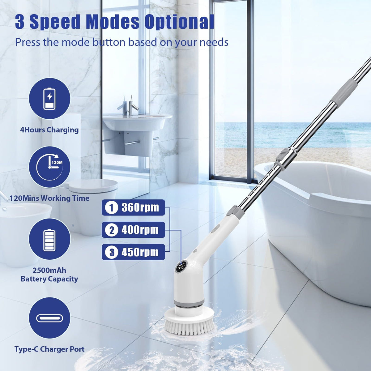 Spin scrubber cleaning a bathroom floor, with 3 speeds (360, 400 and 450 RPM), 120-minute runtime, 2500 mAh battery and USB-C charging