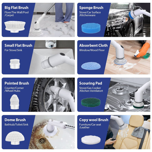 Guide to the 8 heads: brushes and pads for floors, sinks, stovetops, tubs, windows, car wheels and car seats
