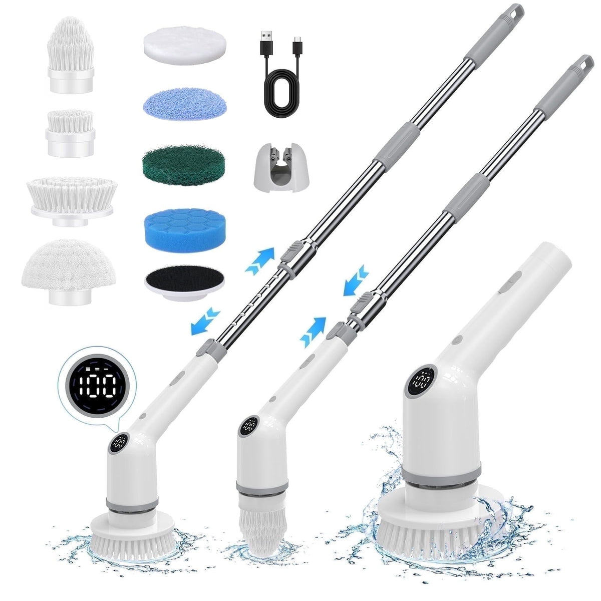 White cordless spin scrubber with LED display, shown at three handle lengths, with 8 brush and pad heads, USB-C cable and wall holder